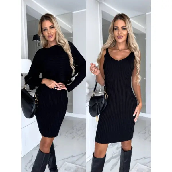 Striped Skirt Set Polyester Slim – Elegant Autumn Mid-Length Fashion - Black / 2XL - None