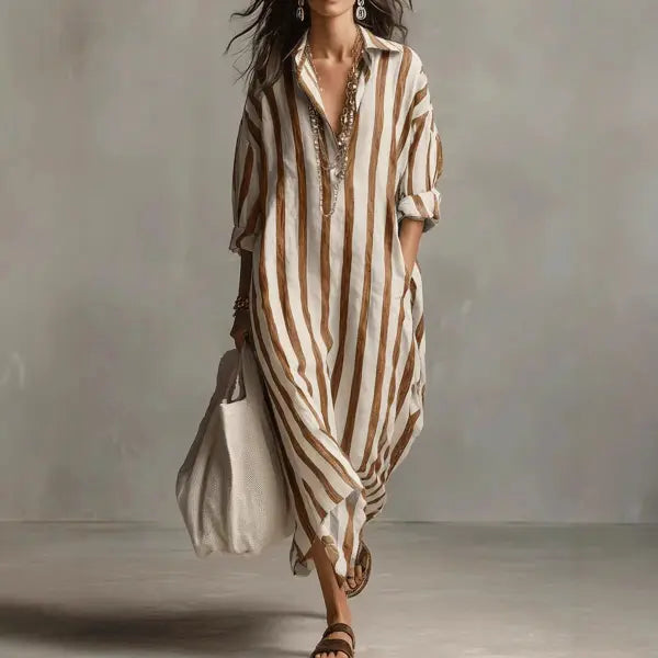 Striped Split Collar Maxi Dress in Plus Sizes Fashionable Summer Style - None