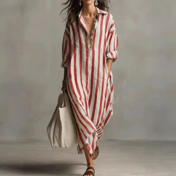 Striped Split Collar Maxi Dress in Plus Sizes Fashionable Summer Style - None