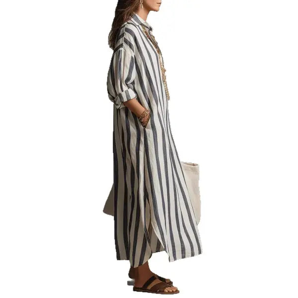 Striped Split Collar Maxi Dress in Plus Sizes Fashionable Summer Style - None