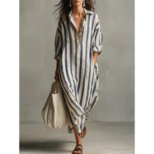 Striped Split Collar Maxi Dress in Plus Sizes Fashionable Summer Style - Black / 2XL - None