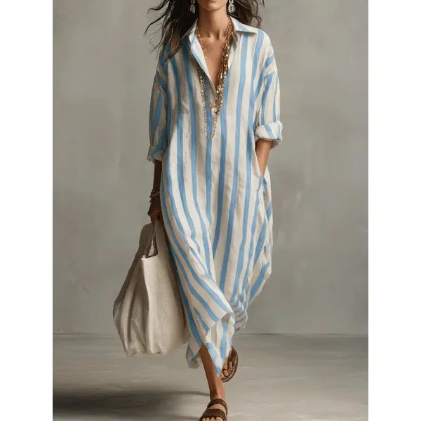 Striped Split Collar Maxi Dress in Plus Sizes Fashionable Summer Style - Blue / 2XL - None