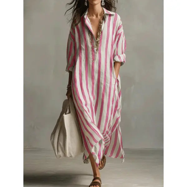 Striped Split Collar Maxi Dress in Plus Sizes Fashionable Summer Style - Pink / 2XL - None