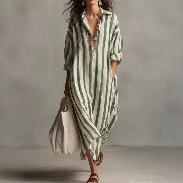 Striped Split Collar Maxi Dress in Plus Sizes Fashionable Summer Style - None
