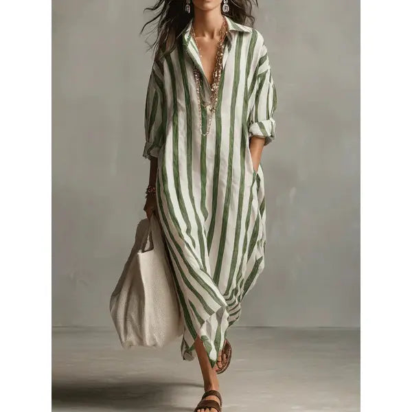 Striped Split Collar Maxi Dress in Plus Sizes Fashionable Summer Style - Green / 2XL - None
