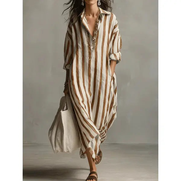 Striped Split Collar Maxi Dress in Plus Sizes Fashionable Summer Style - Dark Brown / 2XL - None