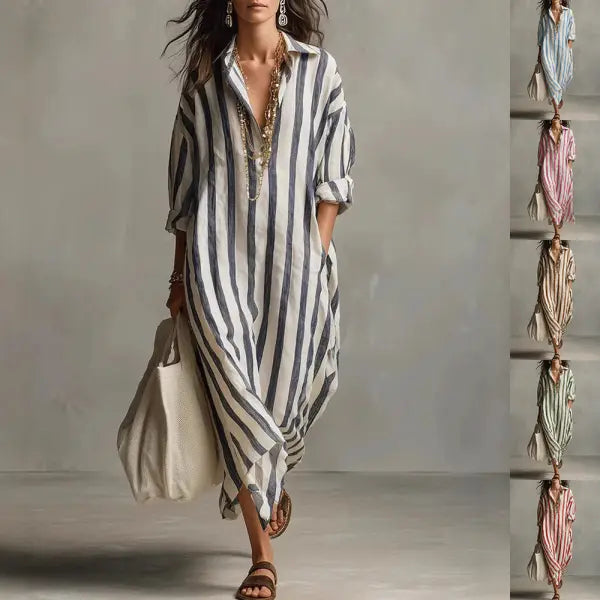 Striped Split Collar Maxi Dress in Plus Sizes Fashionable Summer Style - None