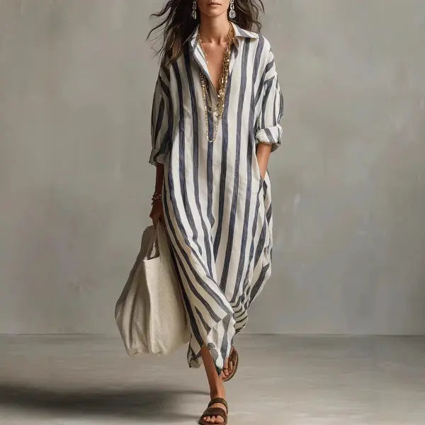 Striped Split Collar Maxi Dress in Plus Sizes Fashionable Summer Style - Black / XS - None
