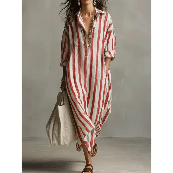Striped Split Collar Maxi Dress in Plus Sizes Fashionable Summer Style - Red / 2XL - None