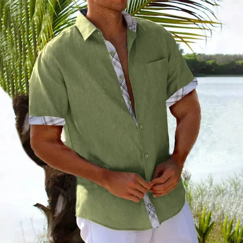 Vacation Short Sleeve Shirts With Plaid Side - Green Plaid / L