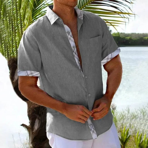 Vacation Short Sleeve Shirts With Plaid Side - Gray Plaid / L