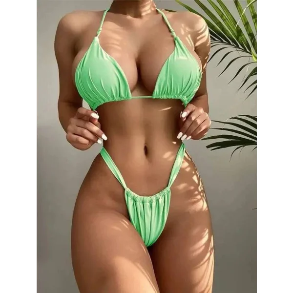 Women Bikini - Stylish 2 Piece Swimsuit with Spaghetti Strap Top - Green / L