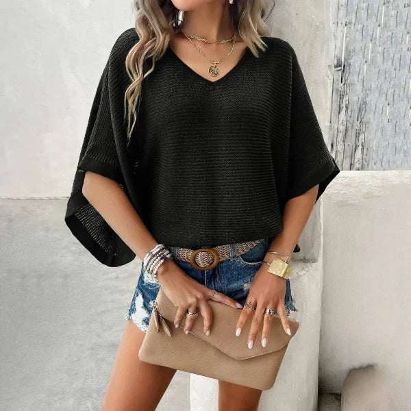 Stylish Bat Sleeve Top with Hollow Design for Summer Casual Wear - Himpall