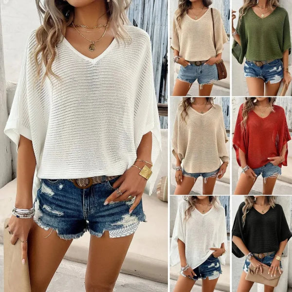 Stylish Bat Sleeve Top with Hollow Design for Summer Casual Wear - Himpall