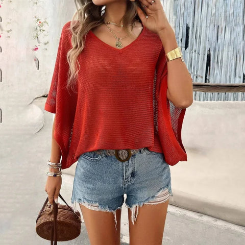 Stylish Bat Sleeve Top with Hollow Design for Summer Casual Wear - Himpall