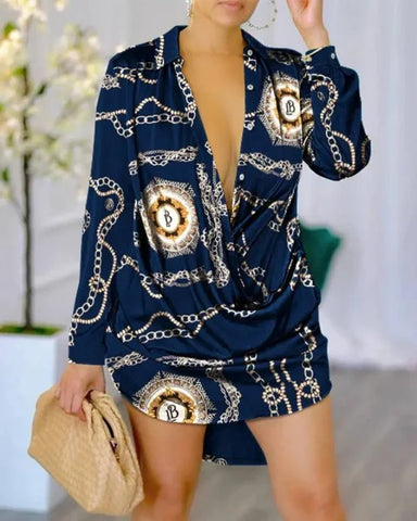Women’s Fashion Long Sleeve Shirt – Stylish Commuter Shirt in Various Prints - Blue Chain / L