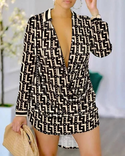 Women’s Fashion Long Sleeve Shirt – Stylish Commuter Shirt in Various Prints - Khaki Geometric Pattern / L