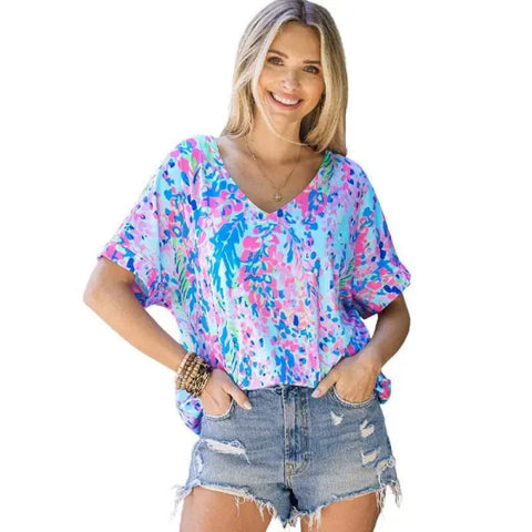 Loose T-Shirt – Stylish Painted Flower Tee for Casual Wear - Blue / L