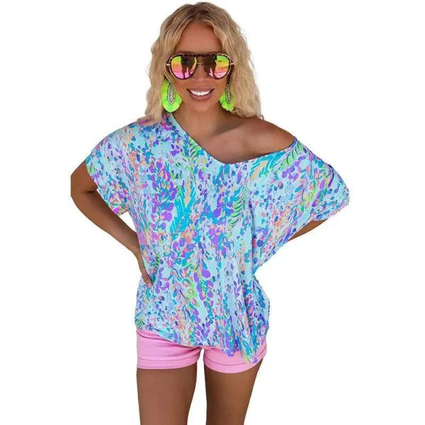 Loose T-Shirt – Stylish Painted Flower Tee for Casual Wear - Style204 / L