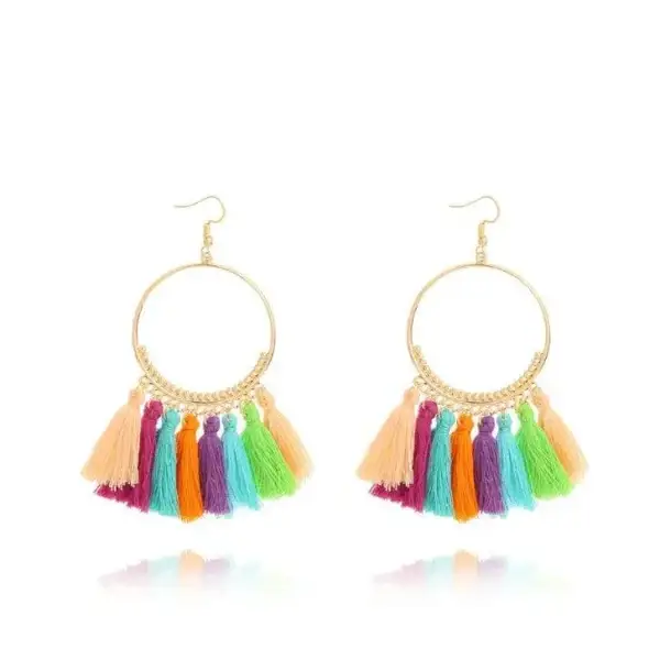 Stylish round drop dangle earrings with colorful rainbow tassel fringe