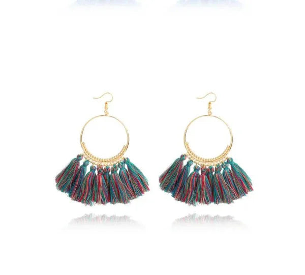 Gold hoop drop dangle earrings with vibrant multicolored tassels for bold fashion