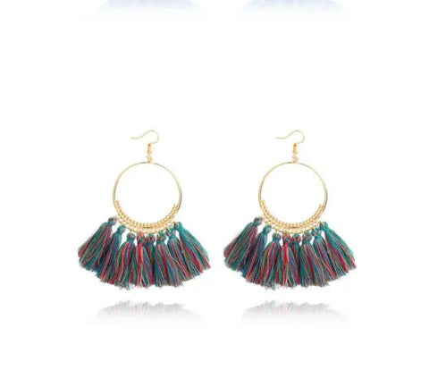 Gold hoop drop dangle earrings with vibrant multicolored tassels for bold fashion