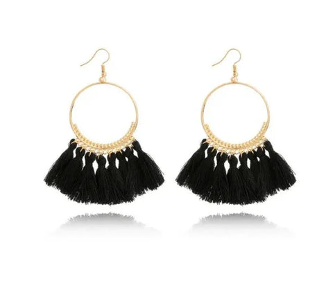 Gold hoop drop dangle earrings featuring black tassels for stylish round drop designs