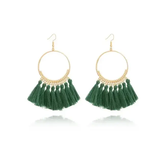 Stylish round drop dangle earrings with gold hoops and dark green tassels
