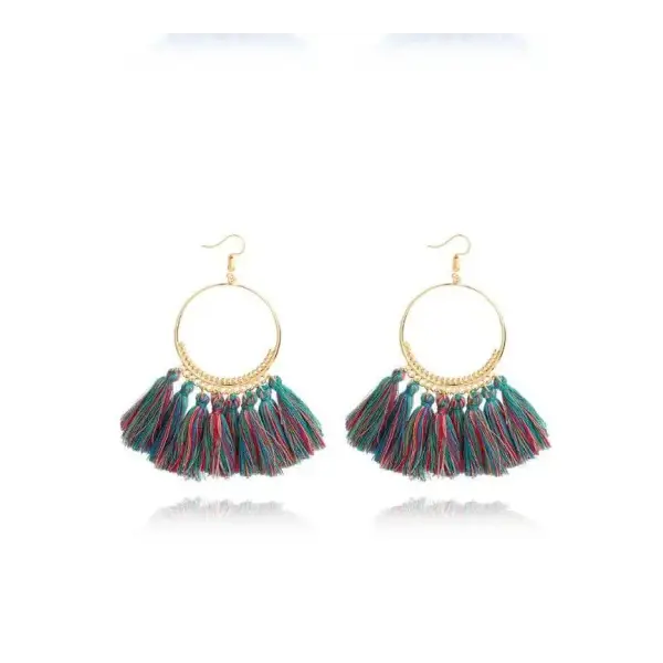 Stylish round drop dangle earrings with gold hoops and multicolored tassels