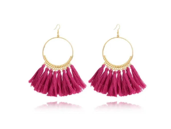 Stylish Round Drop Dangle Earrings featuring pink tassel design and gold-tone hoops