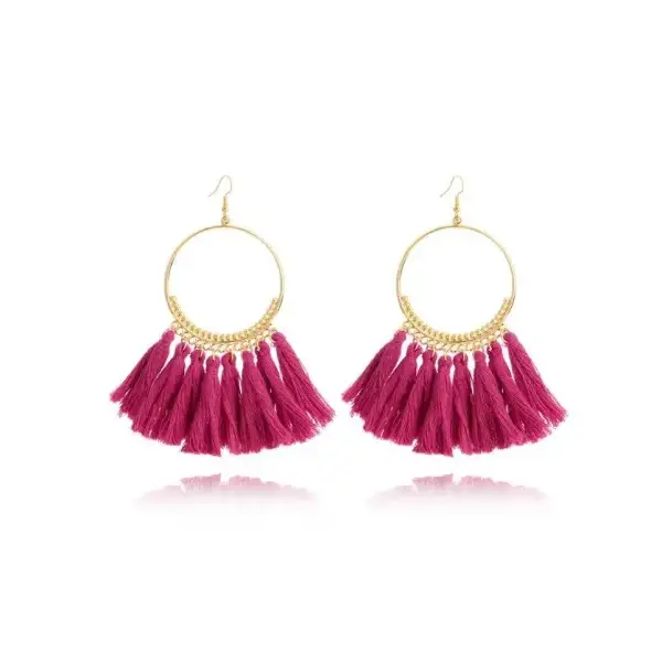 Stylish round drop dangle earrings with pink tassels and gold-tone hoops