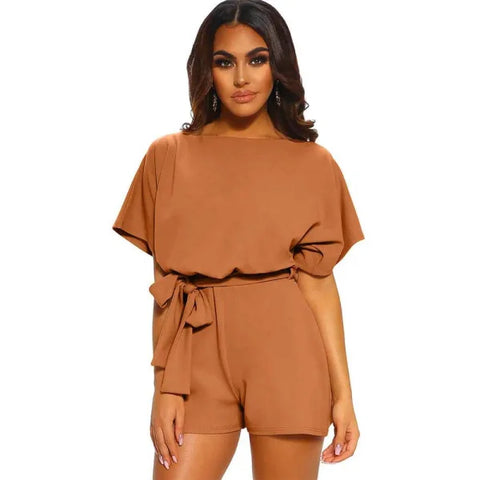 Women’s Jumpsuit - Stylish Short-Sleeved Summer Fashion - Brown / L