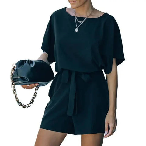 Women’s Jumpsuit - Stylish Short-Sleeved Summer Fashion - Black / L