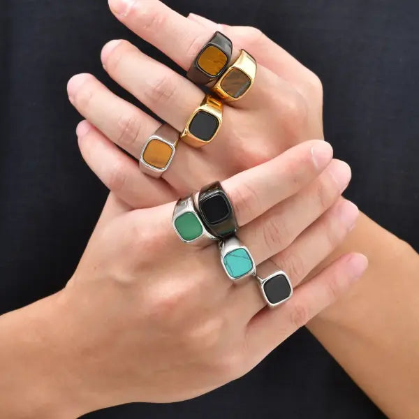 Square Natural Stone Ring Stainless Steel Birthday Gift