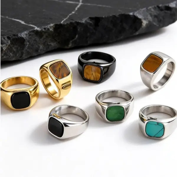 Square Natural Stone Ring Stainless Steel Birthday Gift