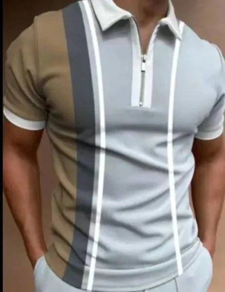 POLO Shirt Striped Printed Short Sleeve - Khaki / 2XL