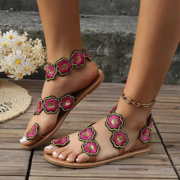 Stylish Women’s Flat Ethnic Flower Sandals for Casual Summer Wear - Himpall