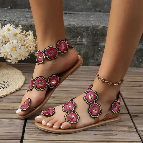 Stylish Women’s Flat Ethnic Flower Sandals for Casual Summer Wear - Himpall