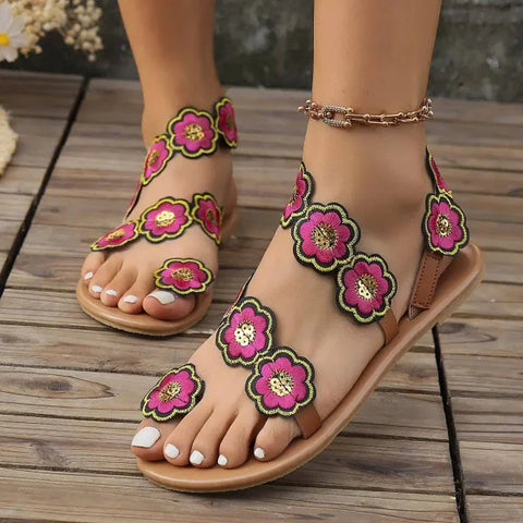 Stylish Women’s Flat Ethnic Flower Sandals for Casual Summer Wear - Himpall