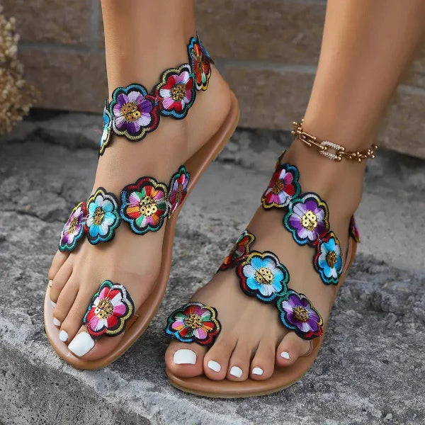 Stylish Women’s Flat Ethnic Flower Sandals for Casual Summer Wear - Himpall