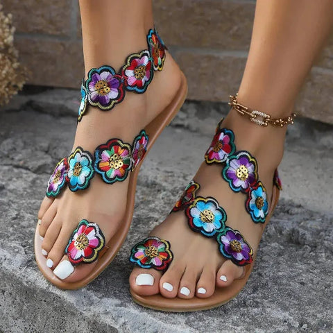 Stylish Women’s Flat Ethnic Flower Sandals for Casual Summer Wear - Himpall