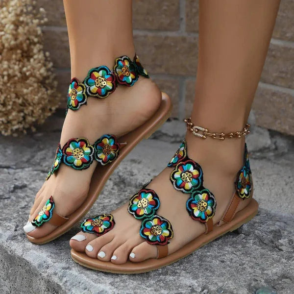 Stylish Women’s Flat Ethnic Flower Sandals for Casual Summer Wear - Himpall