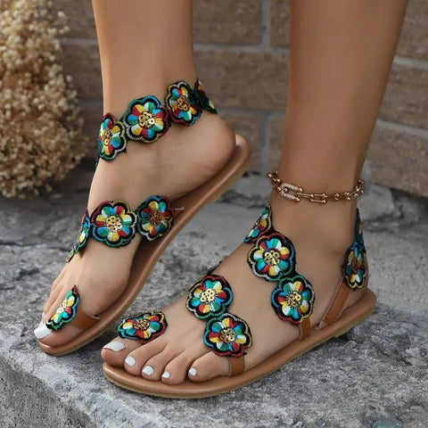 Stylish Women’s Flat Ethnic Flower Sandals for Casual Summer Wear - Himpall