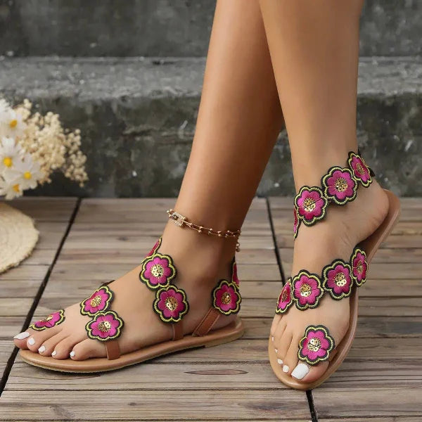 Stylish Women’s Flat Ethnic Flower Sandals for Casual Summer Wear - Himpall