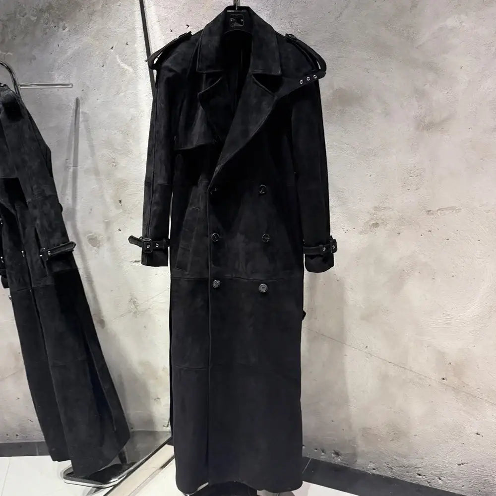 Suede Leather Coats Women Double Breasted Windbreak Natural Lambskin Coat Floor-length Leather Coat Lady Real Sheepskin