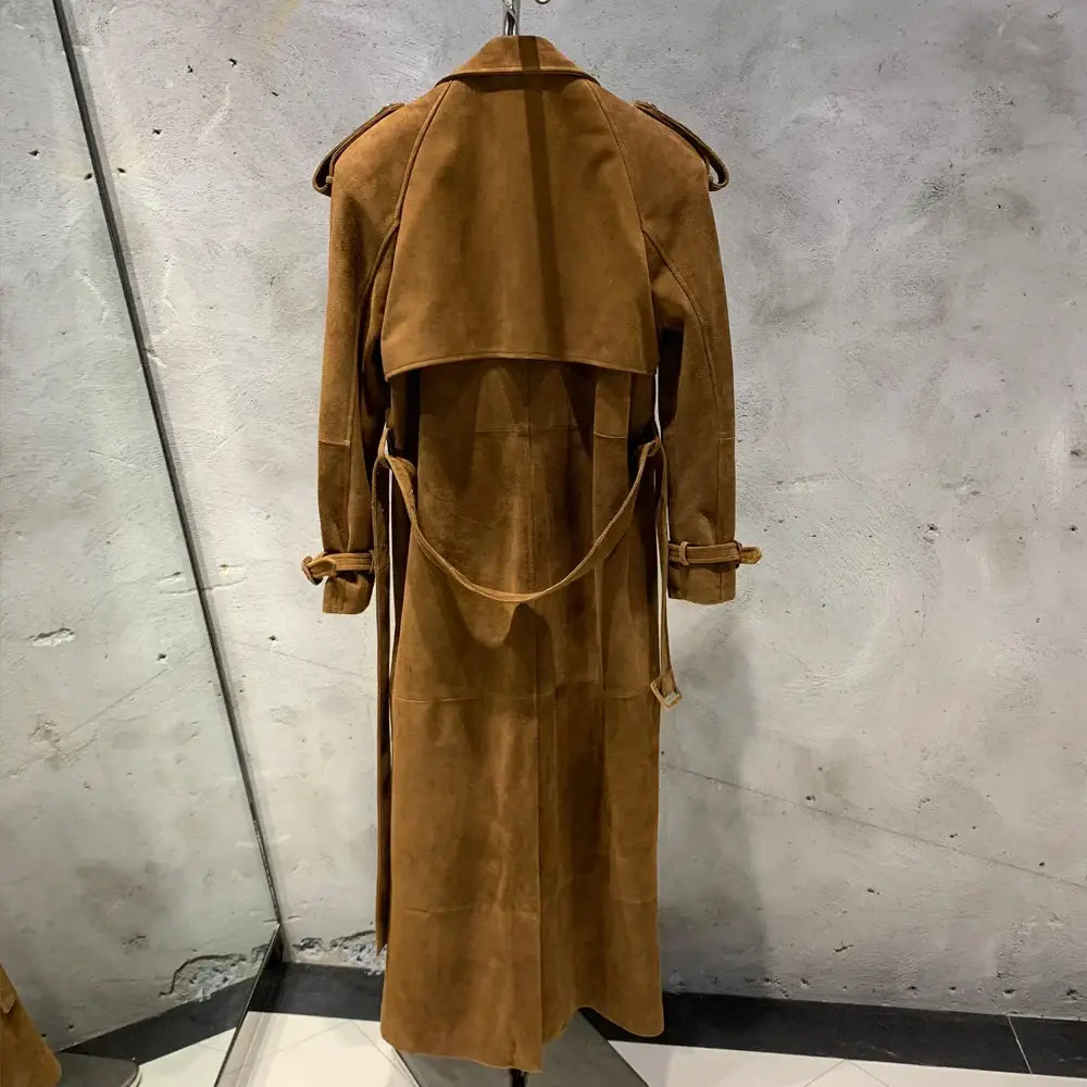 Suede Leather Coats Women Double Breasted Windbreak Natural Lambskin Coat Floor-length Leather Coat Lady Real Sheepskin