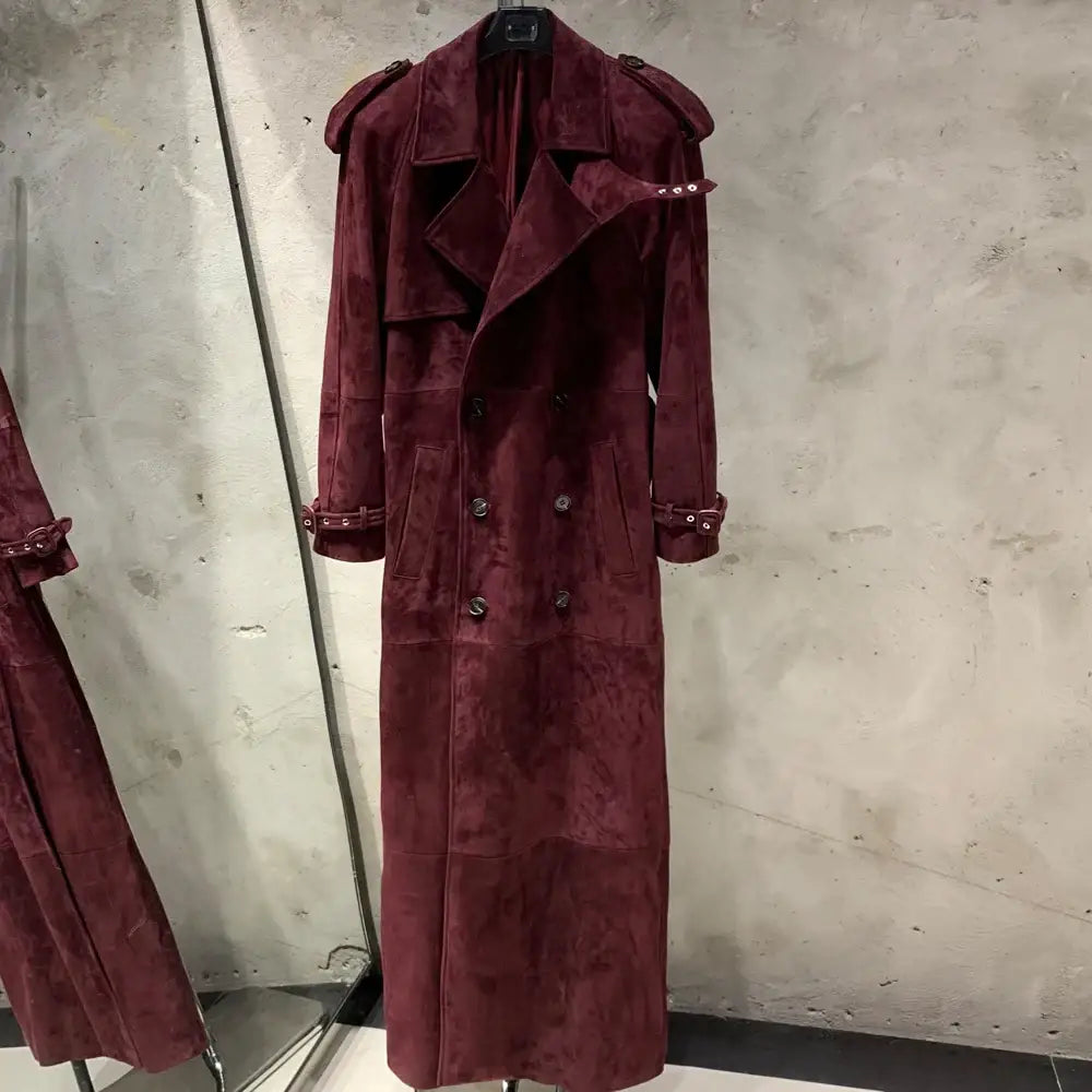 Suede Leather Coats Women Double Breasted Windbreak Natural Lambskin Coat Floor-length Leather Coat Lady Real Sheepskin