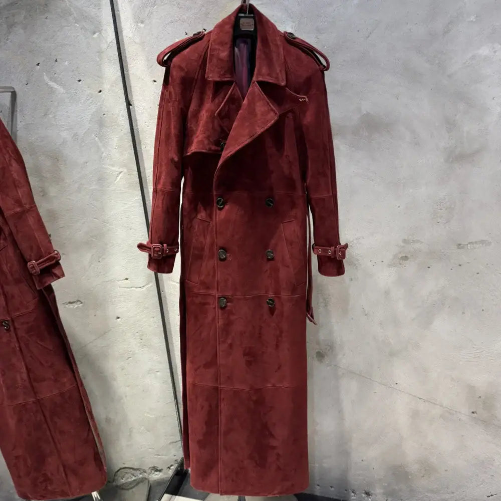 Suede Leather Coats Women Double Breasted Windbreak Natural Lambskin Coat Floor-length Leather Coat Lady Real Sheepskin