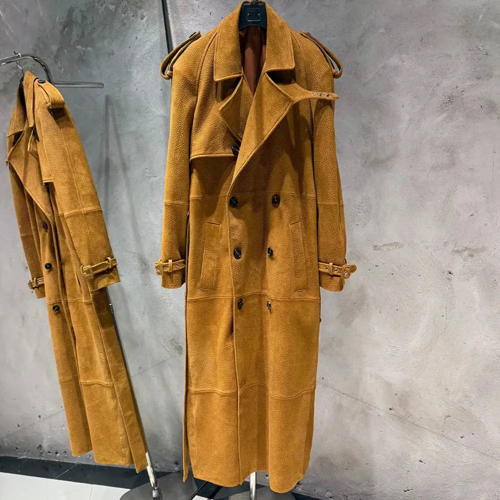 Suede Leather Coats Women Double Breasted Windbreak Natural Lambskin Coat Floor-length Leather Coat Lady Real Sheepskin