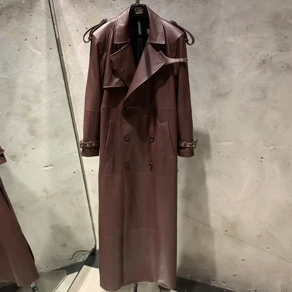 Suede Leather Coats Women Double Breasted Windbreak Natural Lambskin Coat Floor-length Leather Coat Lady Real Sheepskin